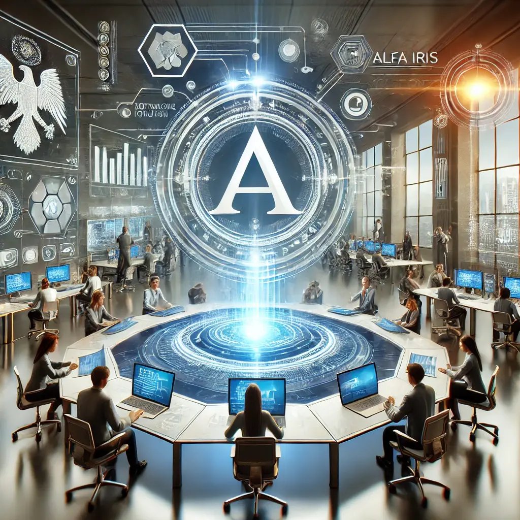 DALL·E 2025-01-09 15.56.07 - A dynamic and professional image representing ALFA IRIS and its mission as a leading IT solutions provider. The scene features a futuristic office env